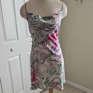 Elegant Multicolor Swirl Slip Mini Dress. Size 8. By Into. Cpwl Neck Side Zipper